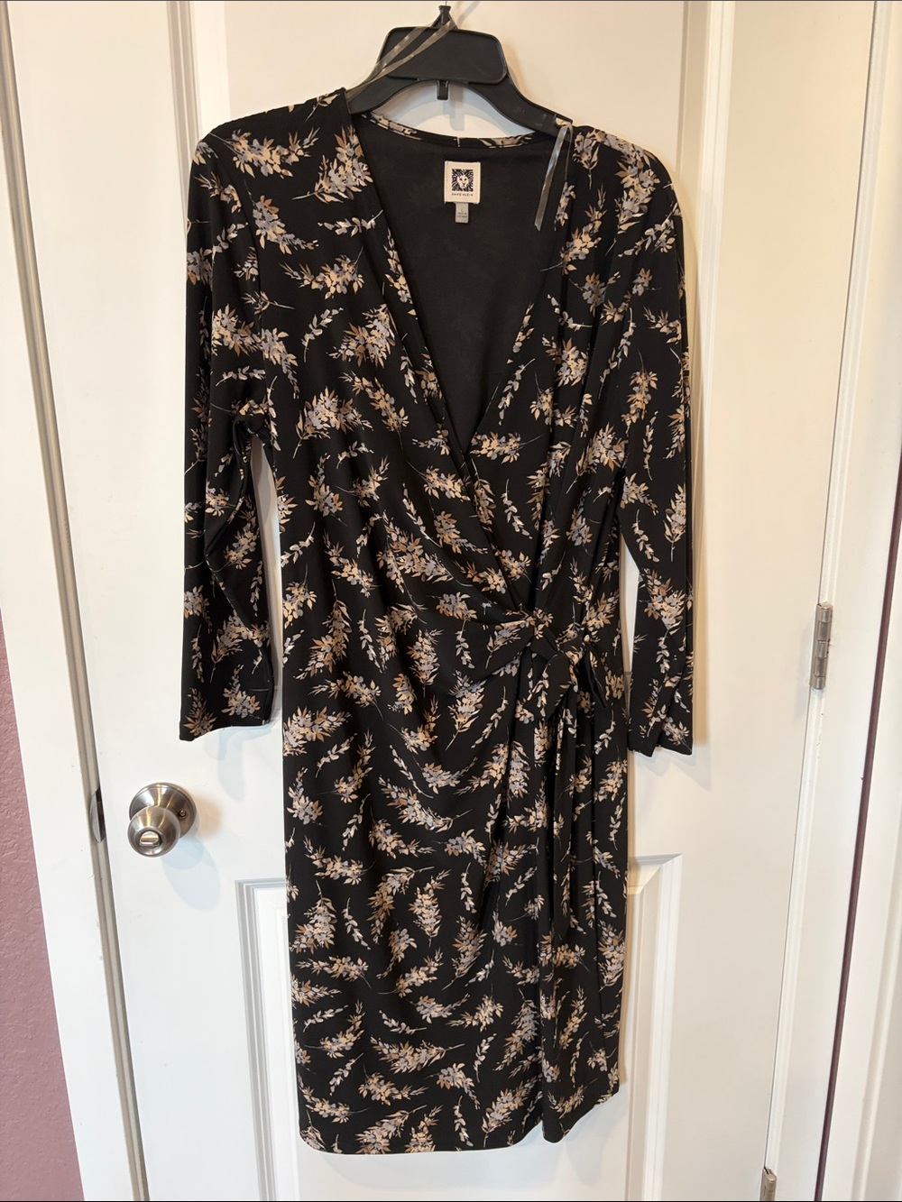 Anne Klein Black Floral Tie-Waist Long Sleeve Dress